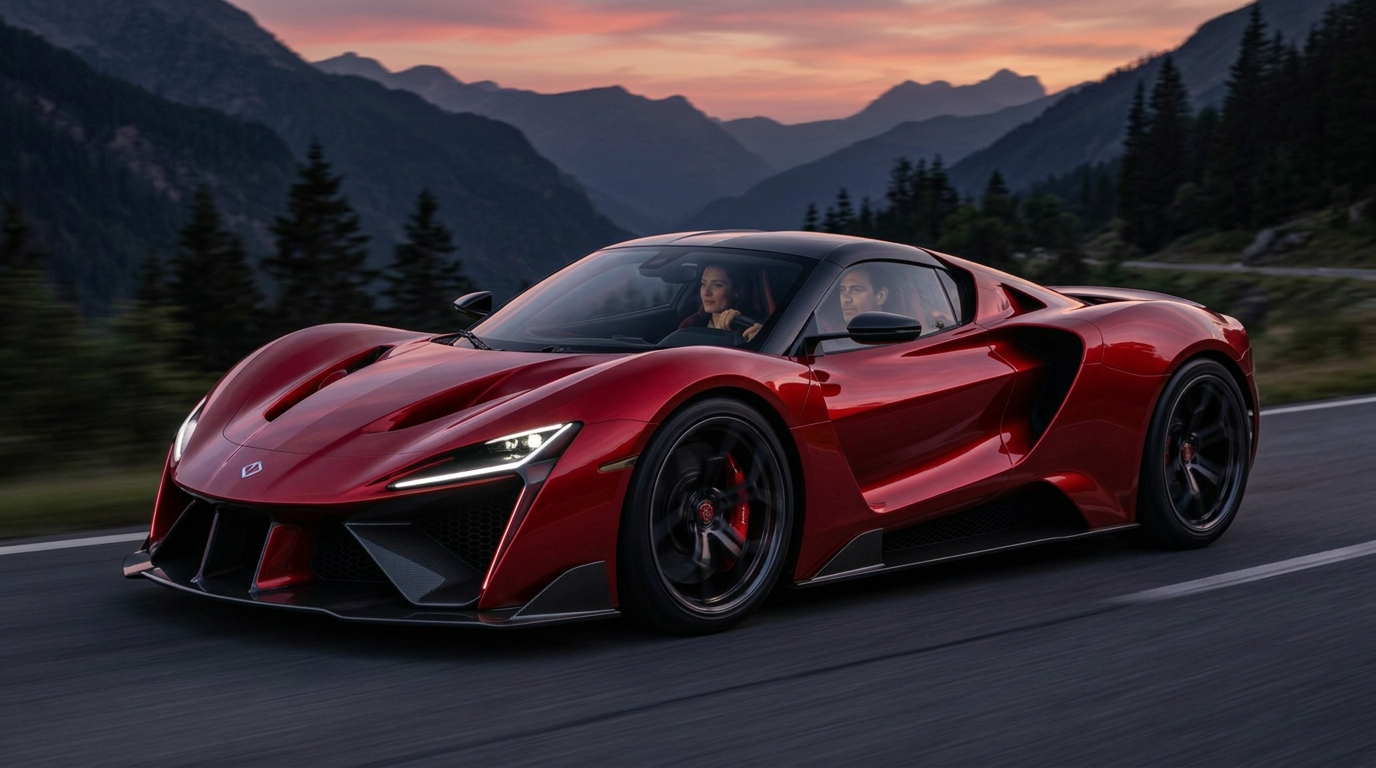 The red Veloce VX1 on an alpine road with a man driving and a woman passenger